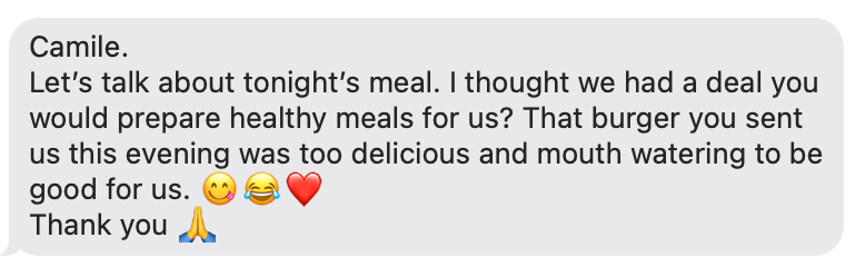Client message praising a healthy, delicious burger meal