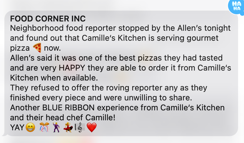 Client’s playful food-corner report praising Camille’s gourmet pizza
